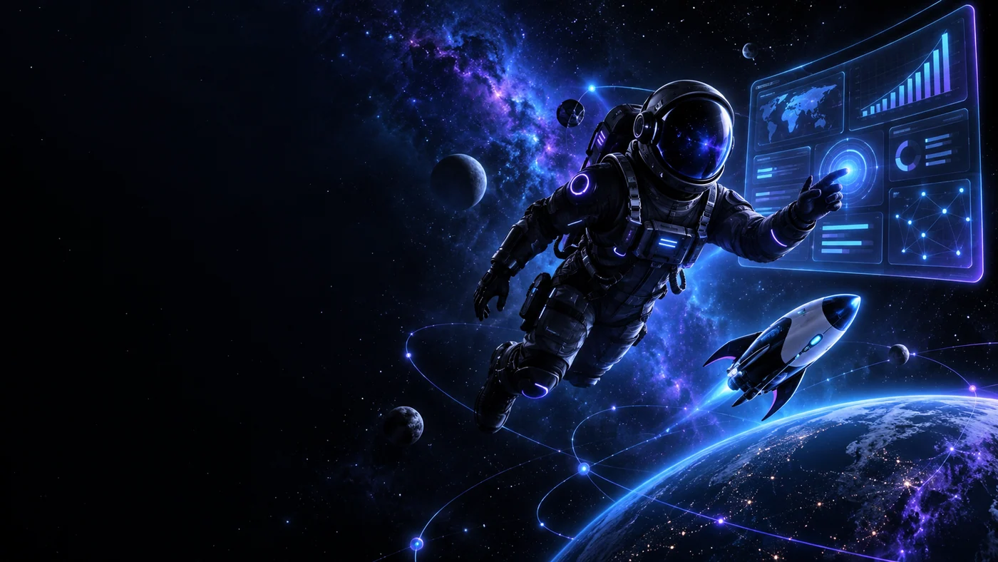 Galaksi ve gezegenler arasında teknoloji paneliyle çalışan astronot